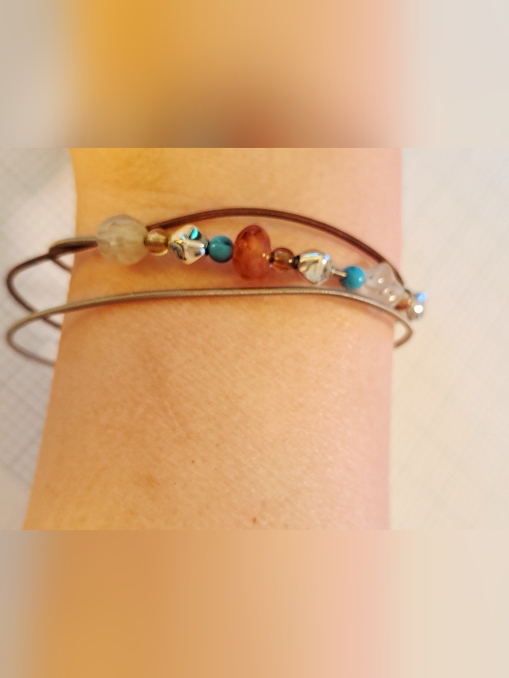 Beaded Multi-Color Women's Metal Wire Coil Bracelet Set Of 3 with Amber Accent